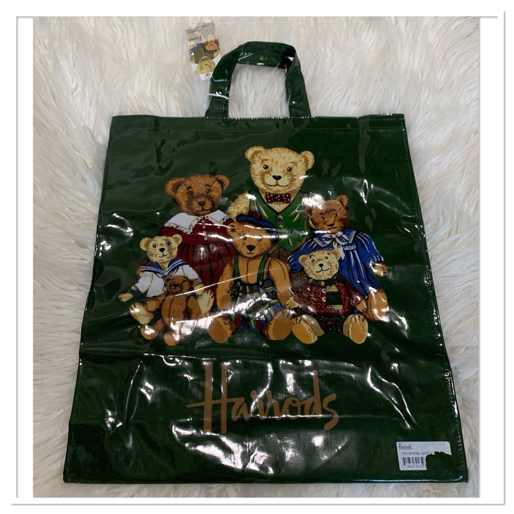 Harrods Archive Collection Teddy Bear Family Gusset Bag Green